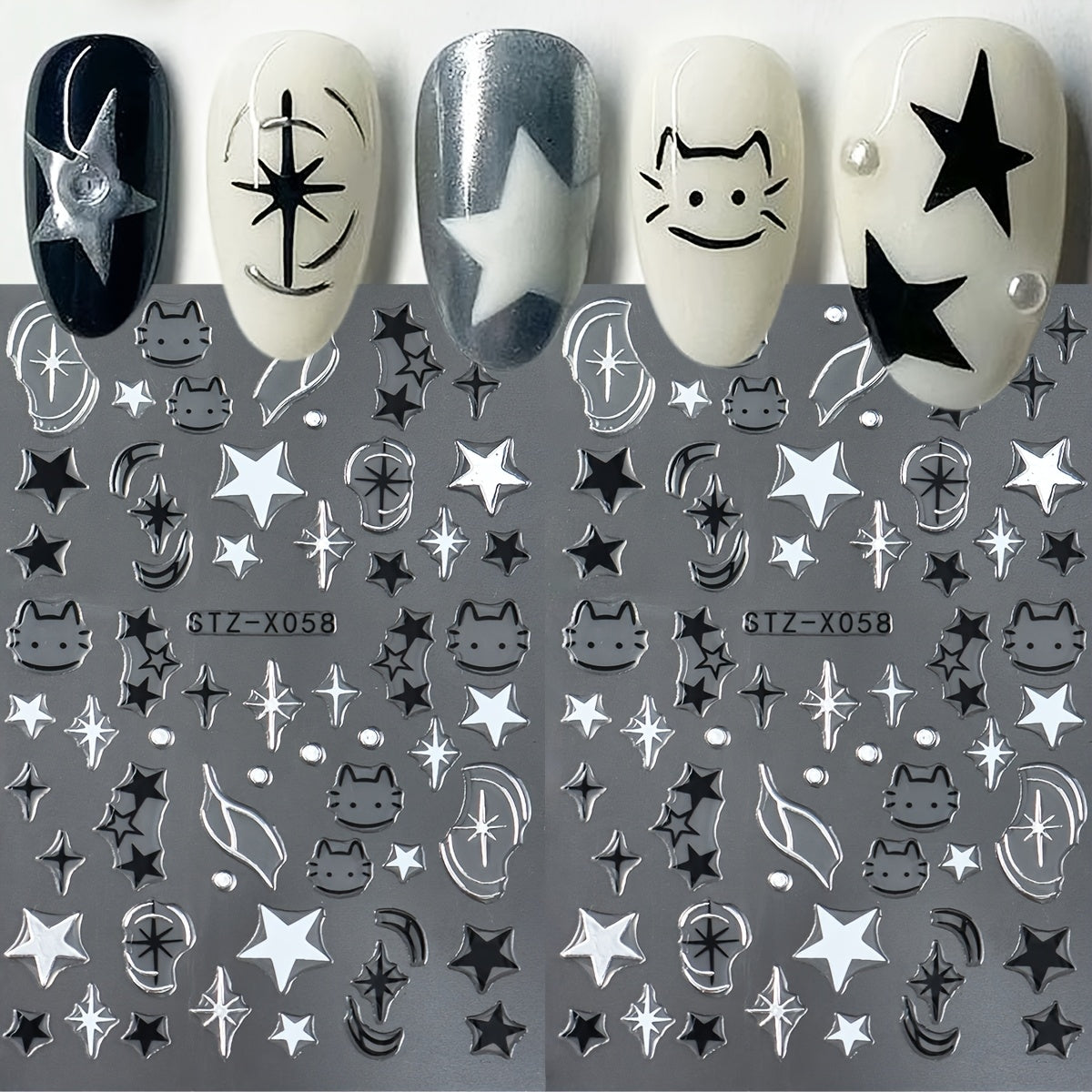 1 Set Y2K-Inspired Cartoon Cat & Star Nail Art Stickers - Black & White Japanese Style Starburst Decals, Self-Adhesive Plastic Nail Charms, Shimmery Glitter Finish, Single Use Fantasy Themed Nail Decorations with Animal Print