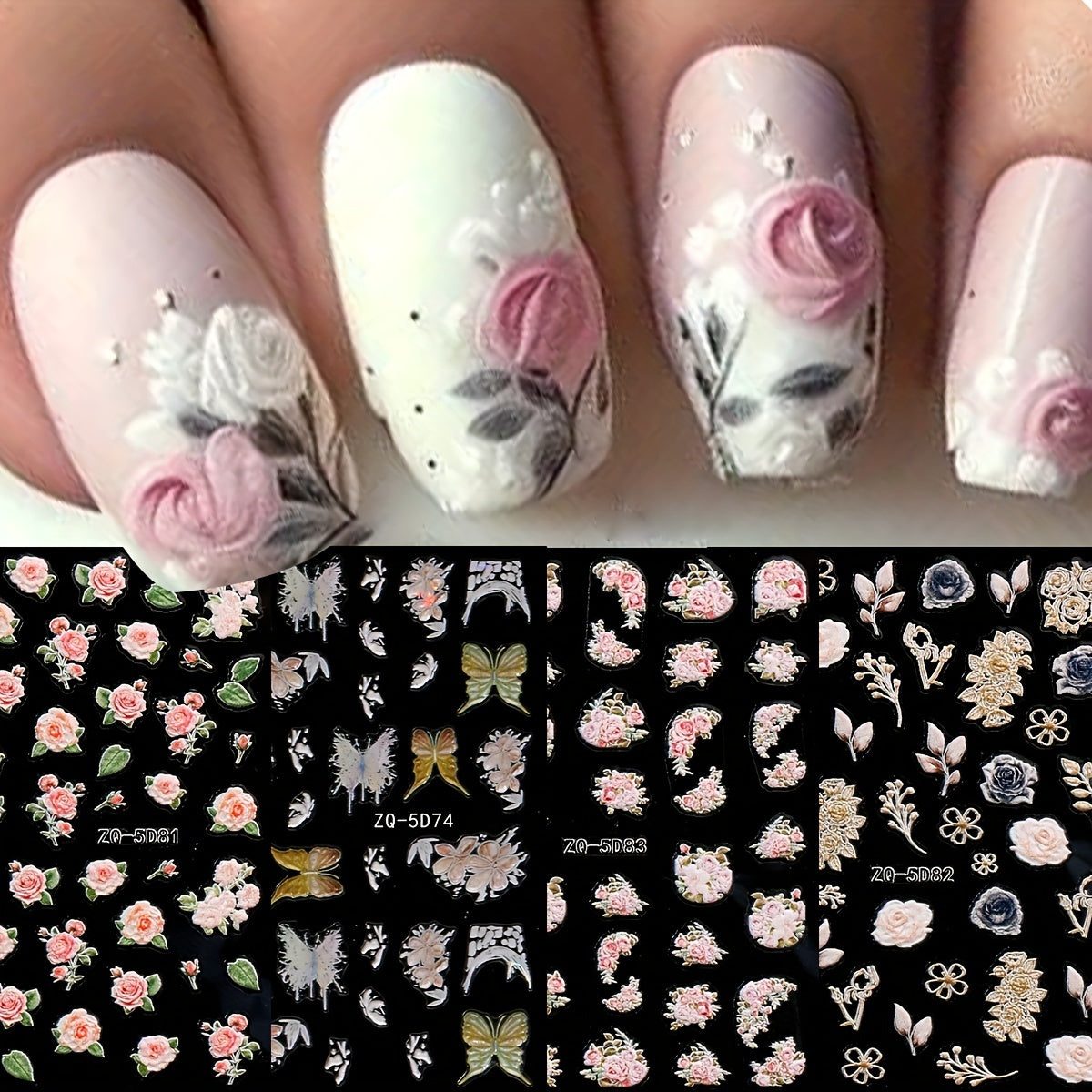 4-Pack Flower & Butterfly 3D Nail Art Stickers Decals Set - PET Self-Adhesive Floral Embellishments with Glitter Finish, Semi-Matte Plant Theme Nail Decor for Manicure, Single Use Accessories