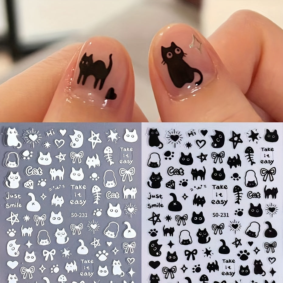 [Popular Choice] 2 Sheets Cute Cat Pattern Design Nail Art Stickers, Self-Adhesive Heart Star Nail Art Decals, DIY Nail Decorations, Nail Supplies for Women And Girls