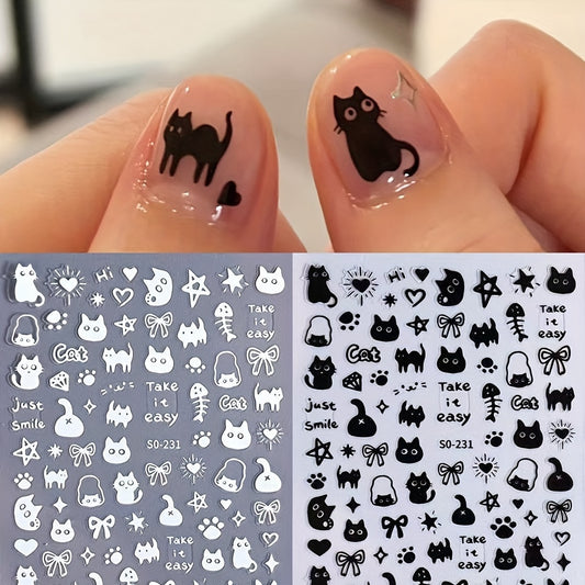 [Popular Choice] 2 Sheets Cute Cat Pattern Design Nail Art Stickers, Self-Adhesive Heart Star Nail Art Decals, DIY Nail Decorations, Nail Supplies for Women And Girls