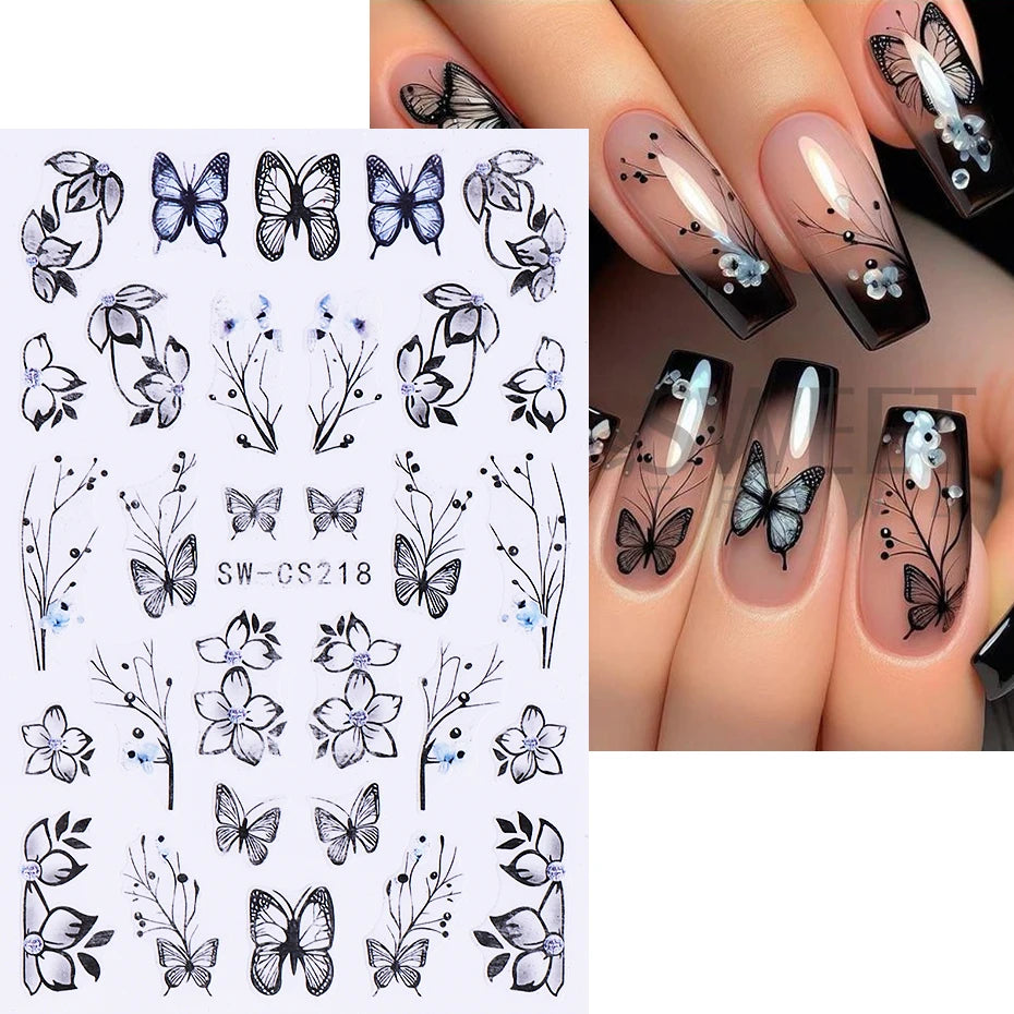 3D Colorful Flowers Nail Art Stickers Butterfly Lily Daisy Tulip Petals Adhesive Sliders Decals DIY Spring Summer Manicure Decor