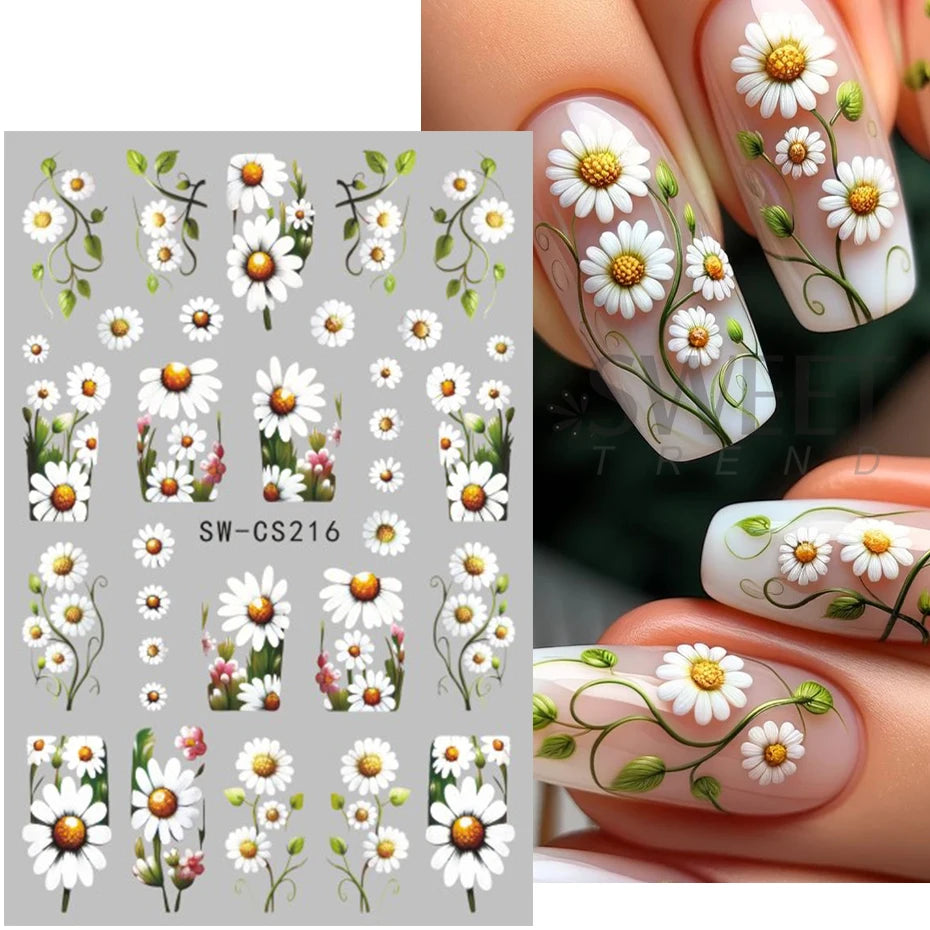 3D Colorful Flowers Nail Art Stickers Butterfly Lily Daisy Tulip Petals Adhesive Sliders Decals DIY Spring Summer Manicure Decor