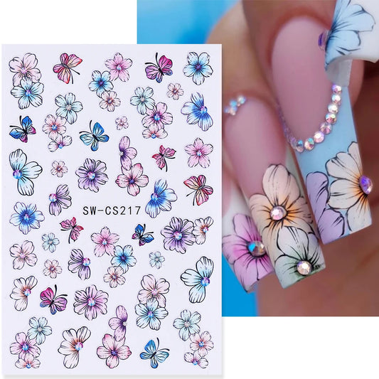 3D Colorful Flowers Nail Art Stickers Butterfly Lily Daisy Tulip Petals Adhesive Sliders Decals DIY Spring Summer Manicure Decor