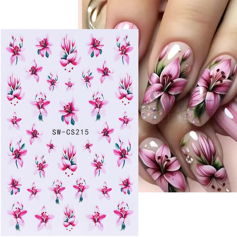 3D Colorful Flowers Nail Art Stickers Butterfly Lily Daisy Tulip Petals Adhesive Sliders Decals DIY Spring Summer Manicure Decor