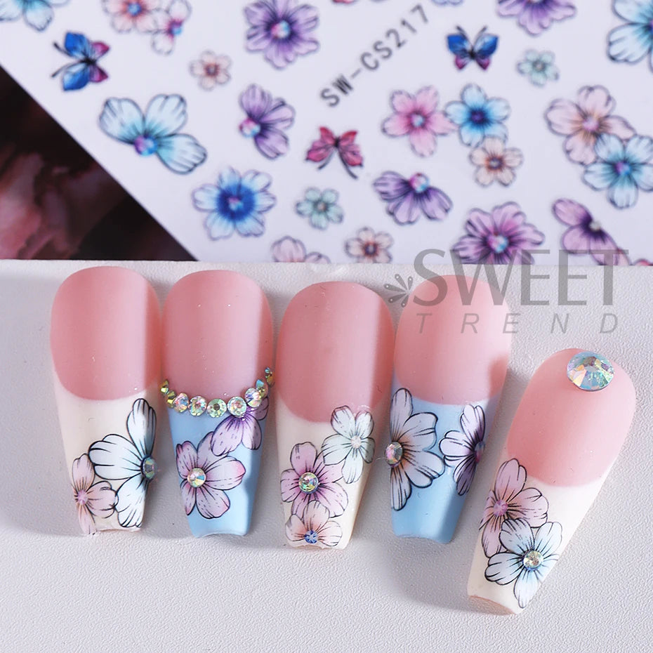 3D Colorful Flowers Nail Art Stickers Butterfly Lily Daisy Tulip Petals Adhesive Sliders Decals DIY Spring Summer Manicure Decor