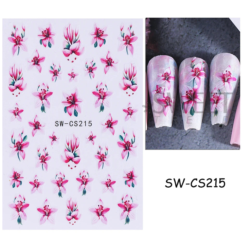 3D Colorful Flowers Nail Art Stickers Butterfly Lily Daisy Tulip Petals Adhesive Sliders Decals DIY Spring Summer Manicure Decor