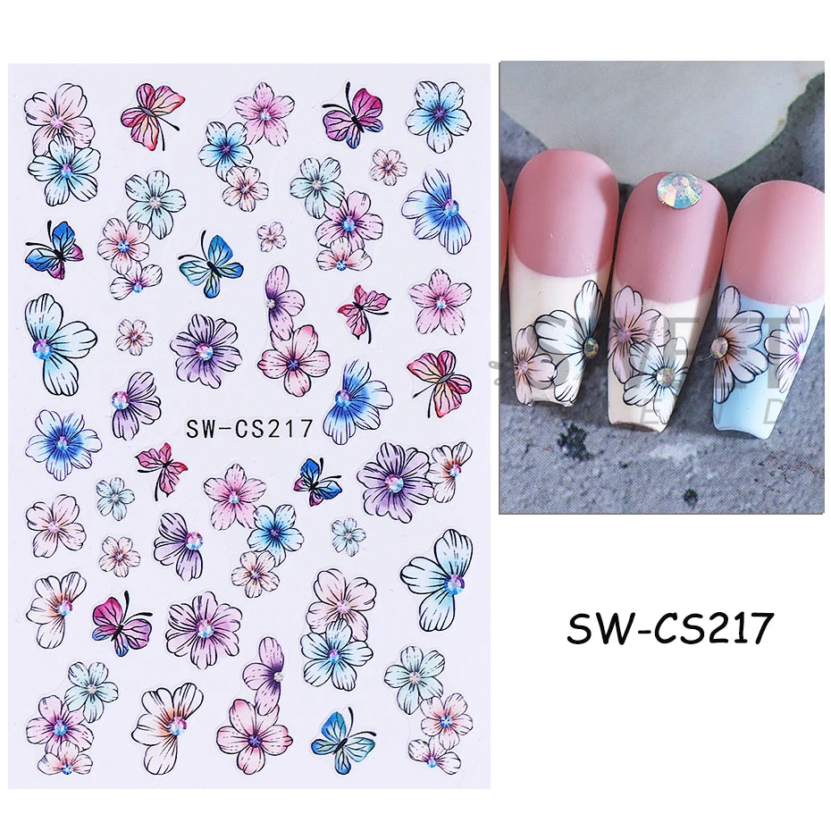 3D Colorful Flowers Nail Art Stickers Butterfly Lily Daisy Tulip Petals Adhesive Sliders Decals DIY Spring Summer Manicure Decor