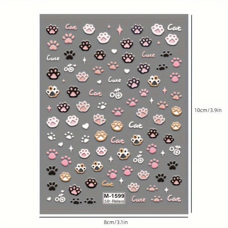 Cute Cat Paw Nail Art Stickers, Cartoon Animal 5D Embossed PVC Decals, Self-Adhesive for Manicure Salon and DIY Nail Supplies, Glossy Finish, Single Use Embroidery-Style Appliques with Irregular Shapes - Suited for Women's Nail Decor