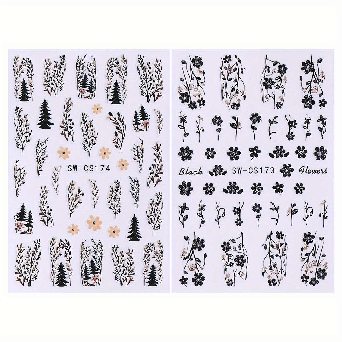 Floral Nail Art Stickers Decals Set of 2 Sheets, Fantasy Flowers Self-Adhesive Nail Embellishments, Glossy Finish, Unscented Plastic with Embroidered Accent, Single Use - SW-CS173/174/175/176