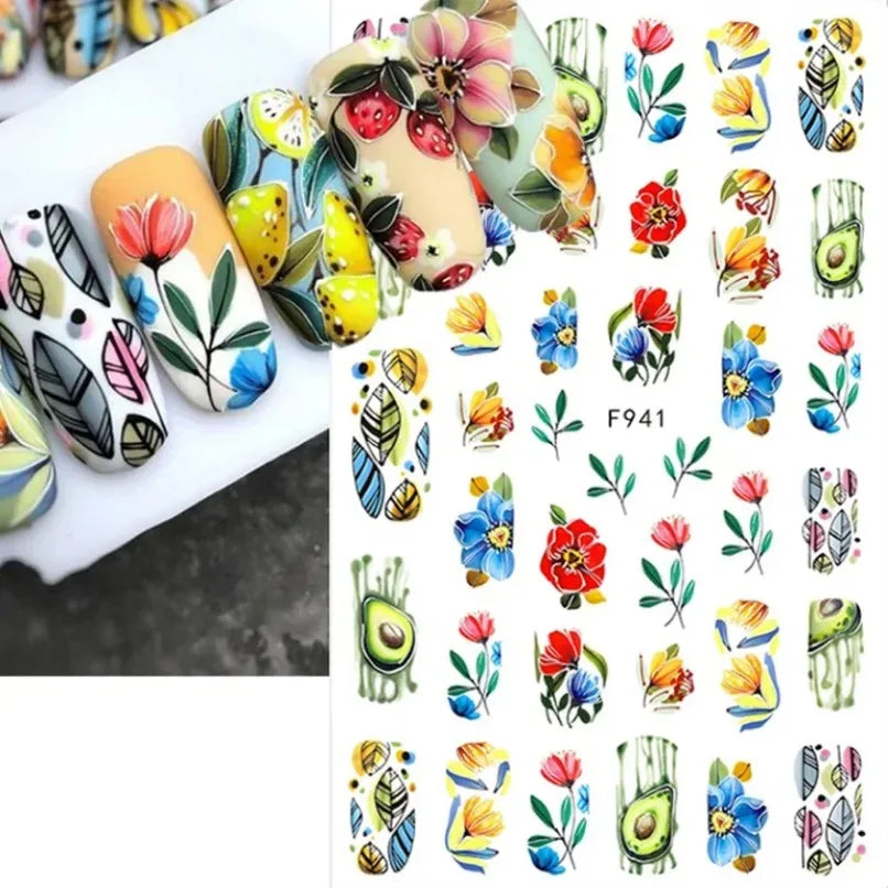 3d Nail Art Stickers Spring Summer White Daisy Florals Flowers Leaves Fruits Decals For Nails Decoration Manicure Salon Beauty