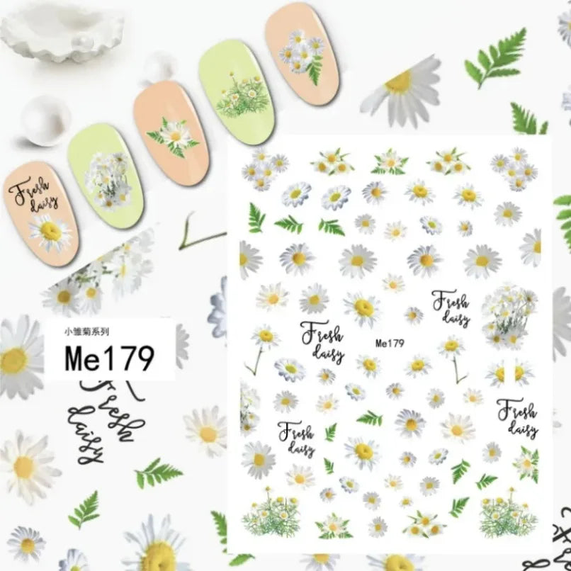 3d Nail Art Stickers Spring Summer White Daisy Florals Flowers Leaves Fruits Decals For Nails Decoration Manicure Salon Beauty