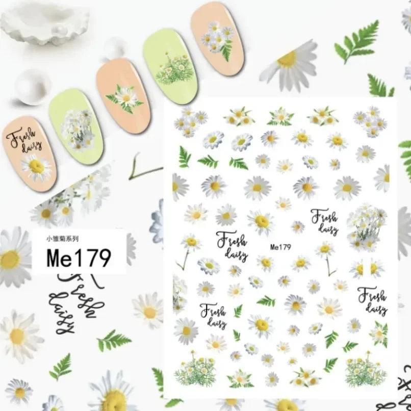 3d Nail Art Stickers Spring Summer White Daisy Florals Flowers Leaves Fruits Decals For Nails Decoration Manicure Salon Beauty