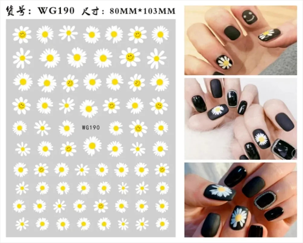 3d Nail Art Stickers Spring Summer White Daisy Florals Flowers Leaves Fruits Decals For Nails Decoration Manicure Salon Beauty