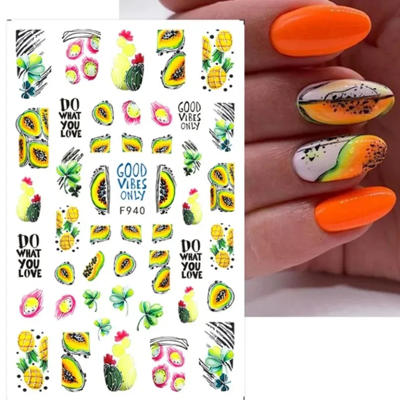 3d Nail Art Stickers Spring Summer White Daisy Florals Flowers Leaves Fruits Decals For Nails Decoration Manicure Salon Beauty