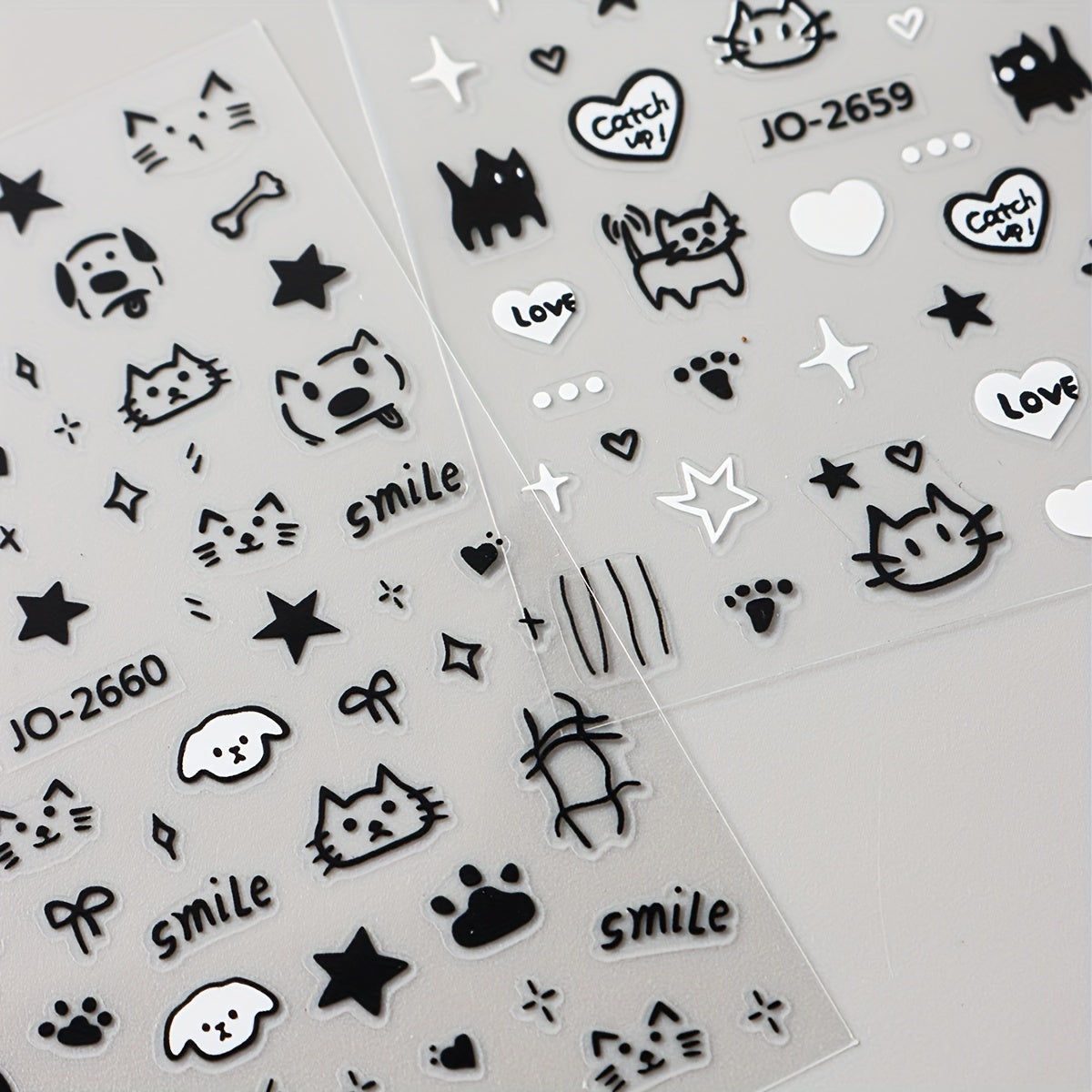 Music Black Cat Star Cartoon Cute Dog Nail Art Stickers, Black White Graffiti Animal Nail Decals DIY Nail Supplies Charms Decorations