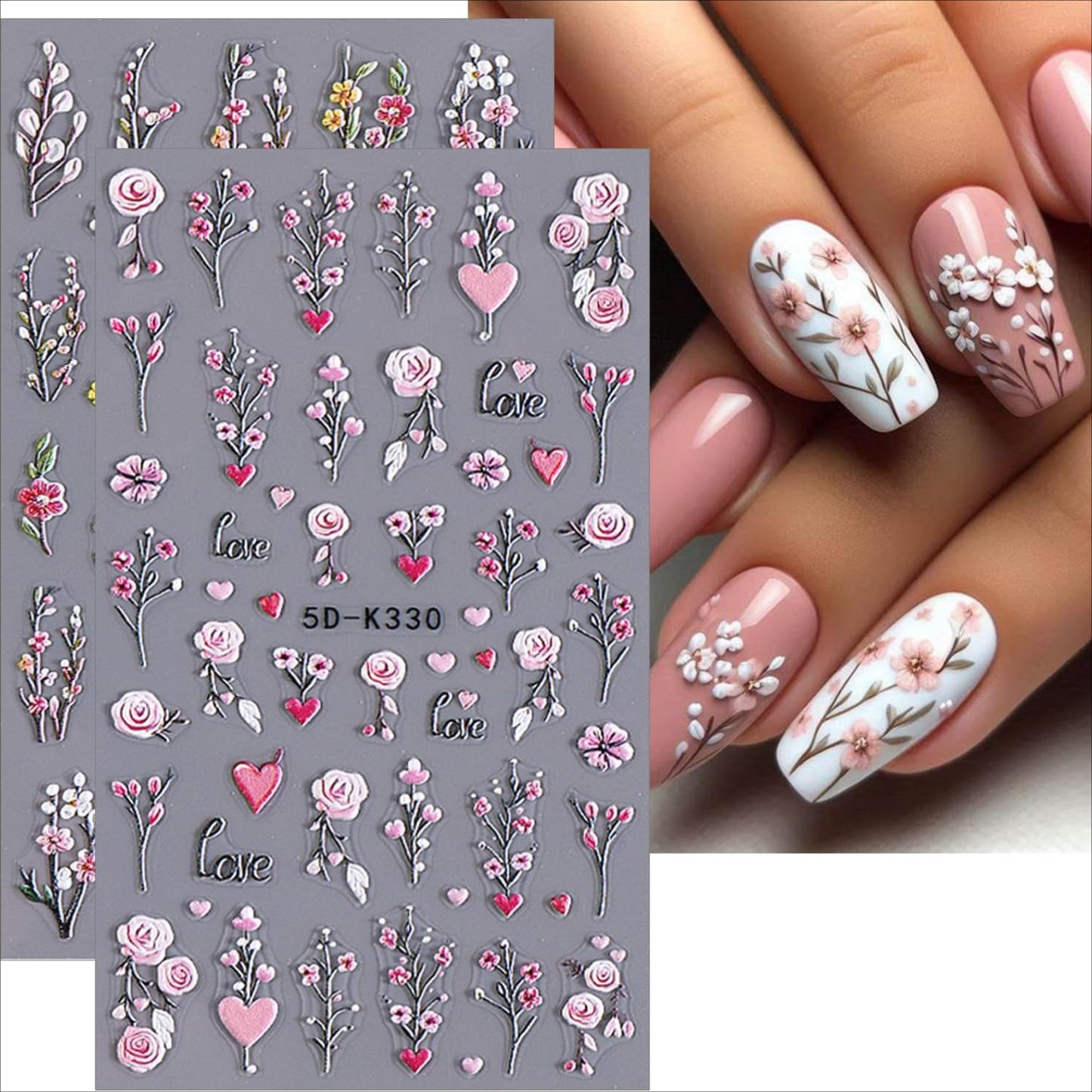 2 Sheets Valentine's Day Nail Art Stickers 5D Embossed Rose Heart Flower Nail Stickers Pink Floral Nail Decals Love Flowers Nails Designs Sticker Sliders for Women Girls DIY Nail Art Supplies