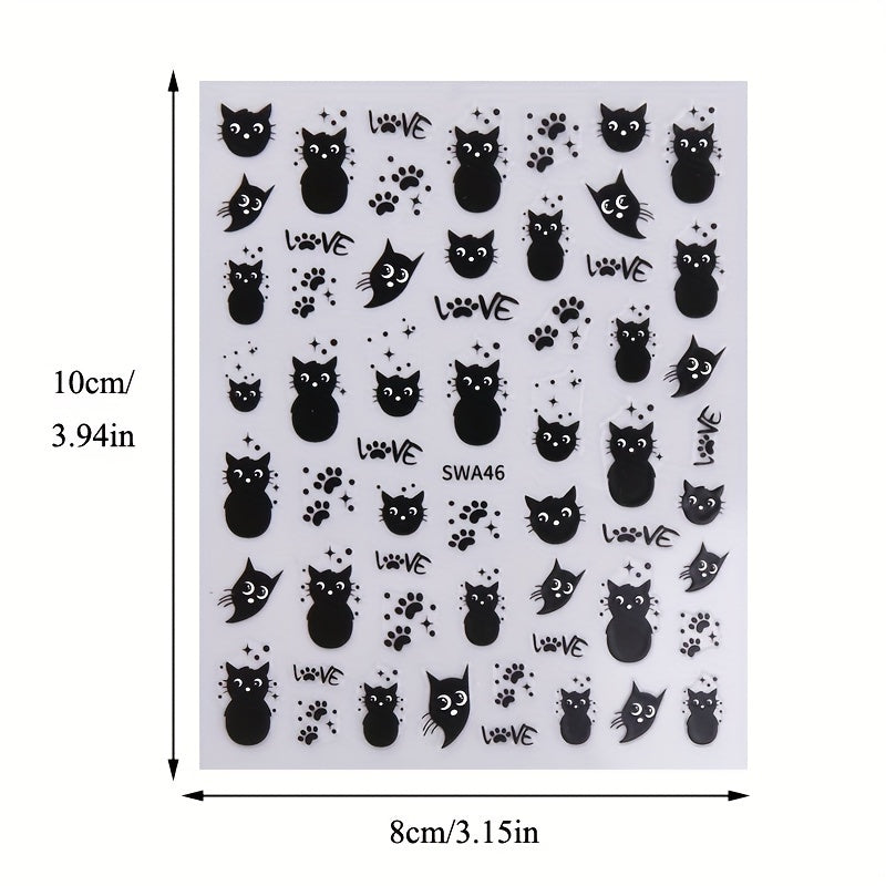 2-Pack Black Cat Nail Art Stickers, Halloween Cartoon Animal Self-Adhesive Decals, DIY Nail Salon Art Decorations, Plastic Unscented Shimmery Finish, Animal Print with Glitter, Single Use for Women