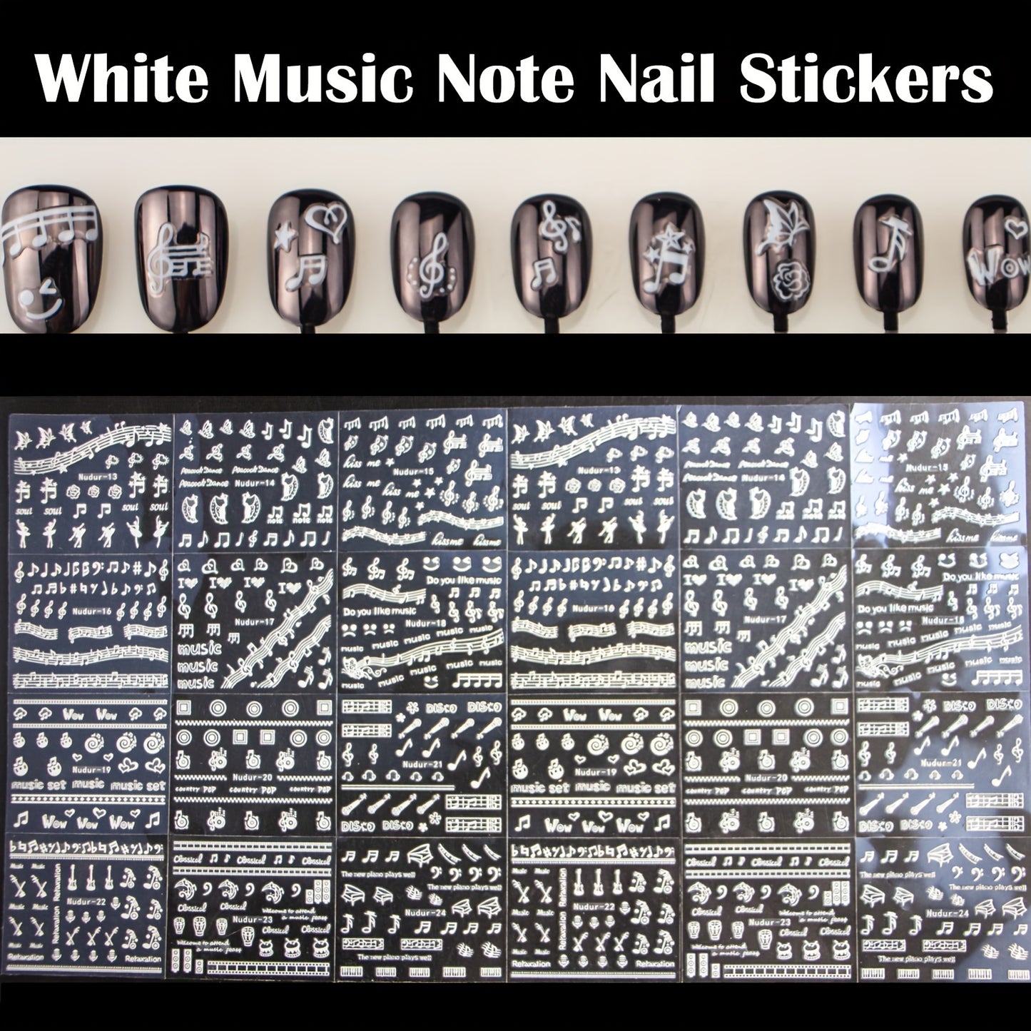 Self-Adhesive White Music Note Nail Art Stickers, Vinyl Geometric Nail Decals with Glitter Finish, Single-Use, Matte Musical Note Embellishments for Plastic Surfaces, Unscented Irregular Shapes by Nudurom