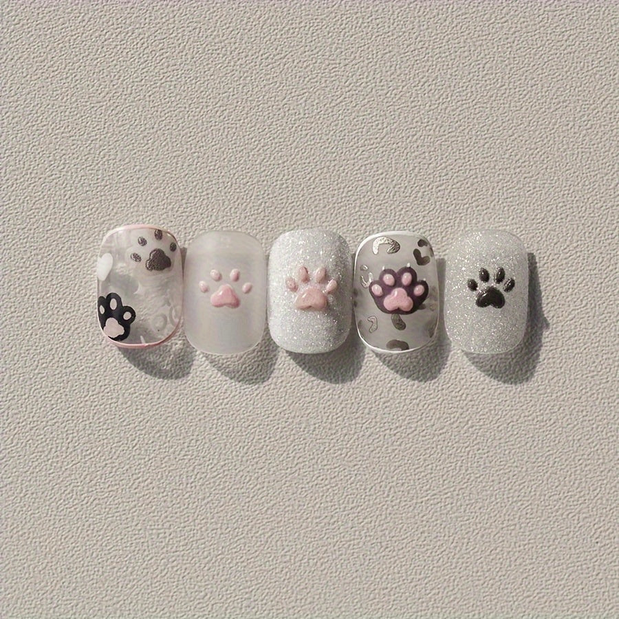 Cute Cat Paw Nail Art Stickers, Cartoon Animal 5D Embossed PVC Decals, Self-Adhesive for Manicure Salon and DIY Nail Supplies, Glossy Finish, Single Use Embroidery-Style Appliques with Irregular Shapes - Suited for Women's Nail Decor