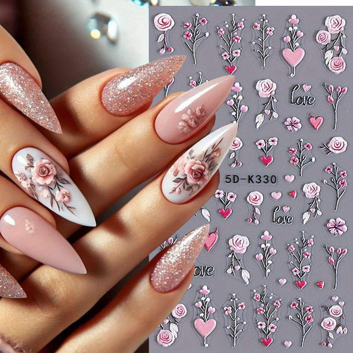 2 Sheets Valentine's Day Nail Art Stickers 5D Embossed Rose Heart Flower Nail Stickers Pink Floral Nail Decals Love Flowers Nails Designs Sticker Sliders for Women Girls DIY Nail Art Supplies