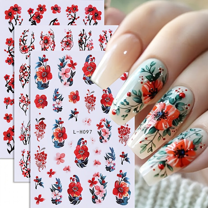 3 Sheets Floral Nail Art Stickers, Red Flowers and Leaves Self-Adhesive Nail Decals, Suitable for DIY Nail Decoration in Spring and Summer, Nail Art Supplies for Women and Girls