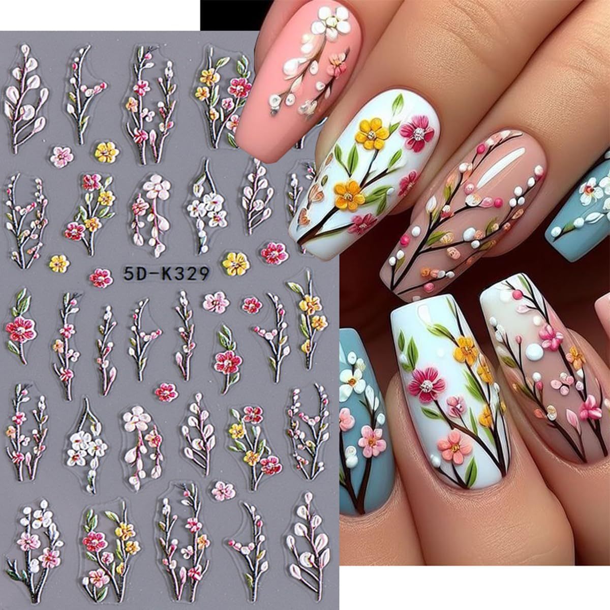 2 Sheets Valentine's Day Nail Art Stickers 5D Embossed Rose Heart Flower Nail Stickers Pink Floral Nail Decals Love Flowers Nails Designs Sticker Sliders for Women Girls DIY Nail Art Supplies