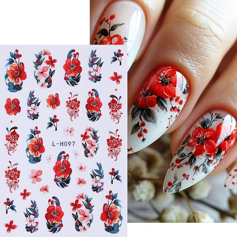 3 Sheets Floral Nail Art Stickers, Red Flowers and Leaves Self-Adhesive Nail Decals, Suitable for DIY Nail Decoration in Spring and Summer, Nail Art Supplies for Women and Girls