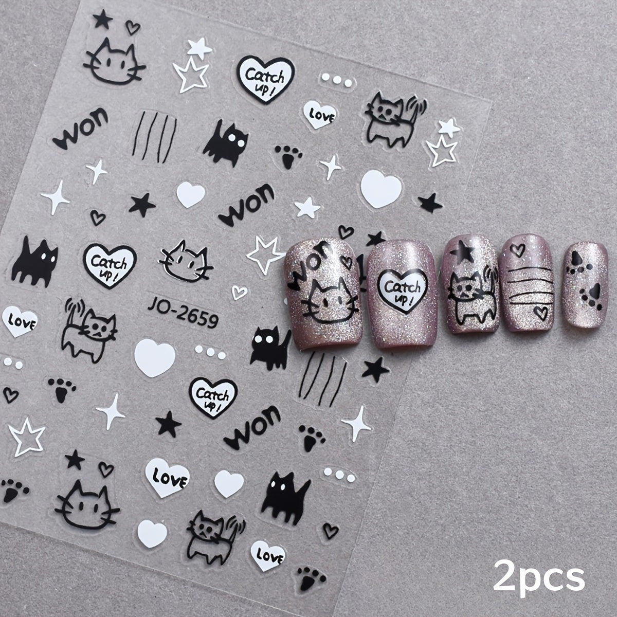 Music Black Cat Star Cartoon Cute Dog Nail Art Stickers, Black White Graffiti Animal Nail Decals DIY Nail Supplies Charms Decorations