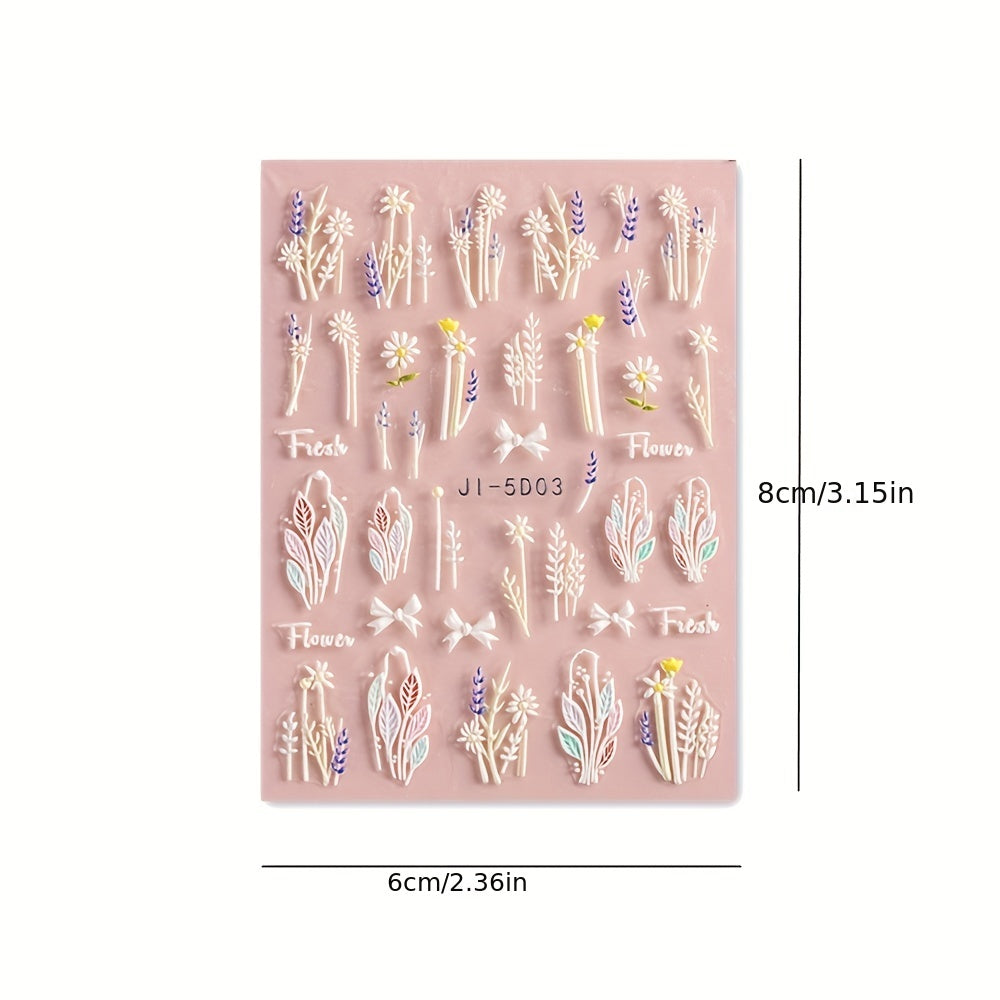 3 Sheets 5D Flower Nail Art Stickers Nail Stickers Acrylic Embossed Engraved Nail Decals Nail Art Supplies Pink White Floral Leaf Cherry Blossom Adhesive Sliders Manicure Spring Nail Art Decorations For Women Easter