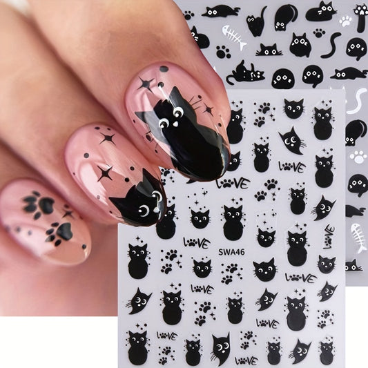 2-Pack Black Cat Nail Art Stickers, Halloween Cartoon Animal Self-Adhesive Decals, DIY Nail Salon Art Decorations, Plastic Unscented Shimmery Finish, Animal Print with Glitter, Single Use for Women