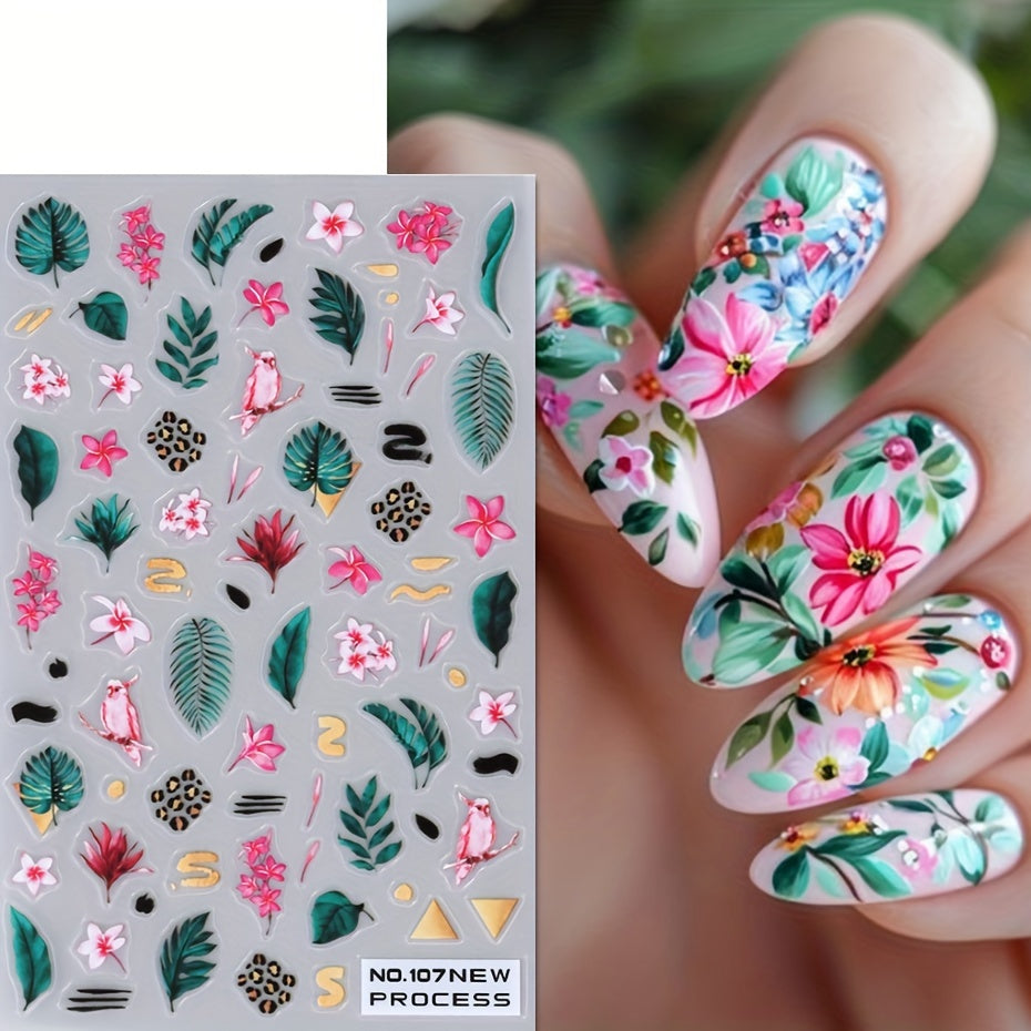 2pcs Tropical Bird and Flower Nail Art Stickers - Parrot, Crow, Blossom, Pineapple Designs with Withered Leaves - Self-Adhesive Plastic Manicure Decals for Summer