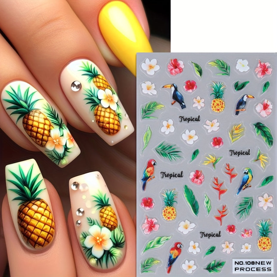 2pcs Tropical Bird and Flower Nail Art Stickers - Parrot, Crow, Blossom, Pineapple Designs with Withered Leaves - Self-Adhesive Plastic Manicure Decals for Summer