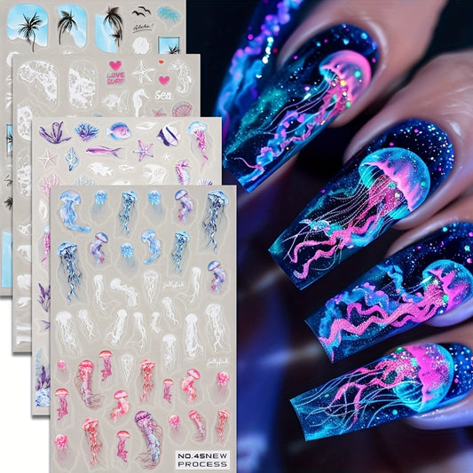 4pcs 3D Nail Art Stickers Summer Ocean Style Jellyfish Starfish Shell Seahorse Seagrass Sliders Coconut Tree Manicure Tips