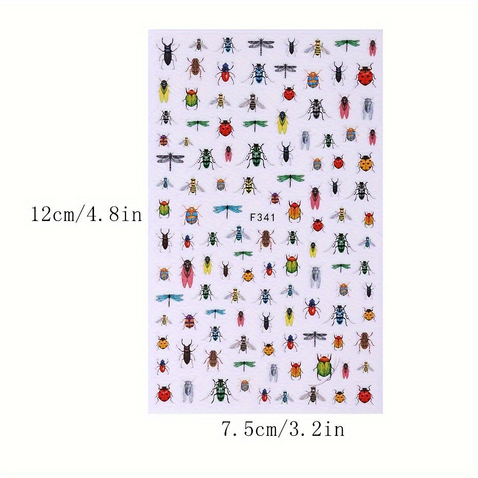 Insect-Themed Nail Art Decals, Set of 2 Sheets, Animal Print Pattern, Plastic Self-Adhesive Embellishments with Glitter, Glossy Finish, Single Use, for Plastic Surfaces, F341