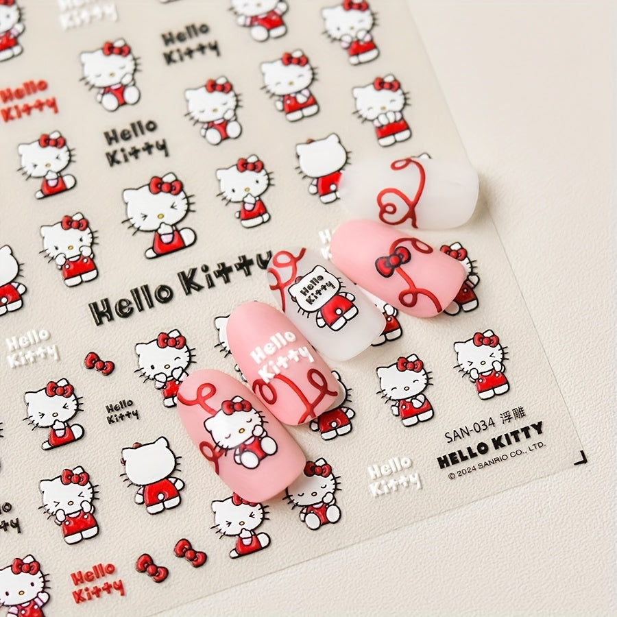 A Cute Cartoon Hello Kitty Embossed Nail Sticker for Nail Art, Featuring Sanrio Characters, Perfect for DIY Self-Adhesive Nail Decorations.