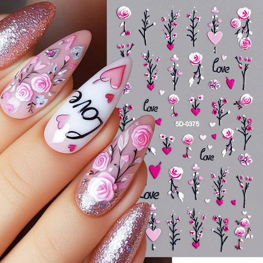 5D Embossed Pink Rose Love Heart Designs Nail Stickers Botanical Floral Spring Nail Decorations Red Flower Valentine Nail Decals