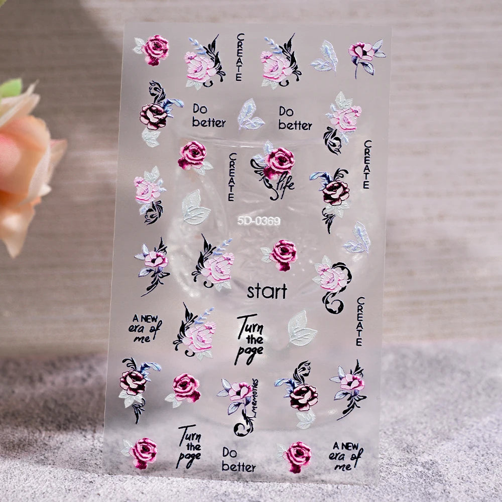 5D Embossed Pink Rose Love Heart Designs Nail Stickers Botanical Floral Spring Nail Decorations Red Flower Valentine Nail Decals