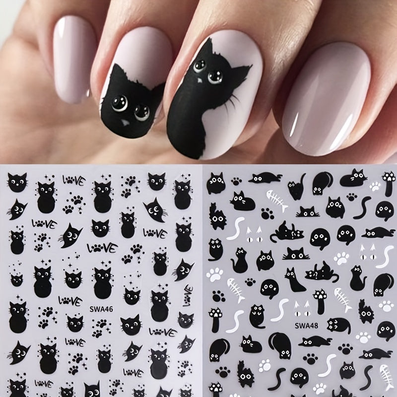 2pcs Cute Graffiti Cat Nail Art Stickers - Black & White, Self-Adhesive Decals for DIY Manicure, Hypoallergenic, Matte Finish, Cat Nail Stickers, Hand Drawn, Animal Wear, Nail Art Charm Design