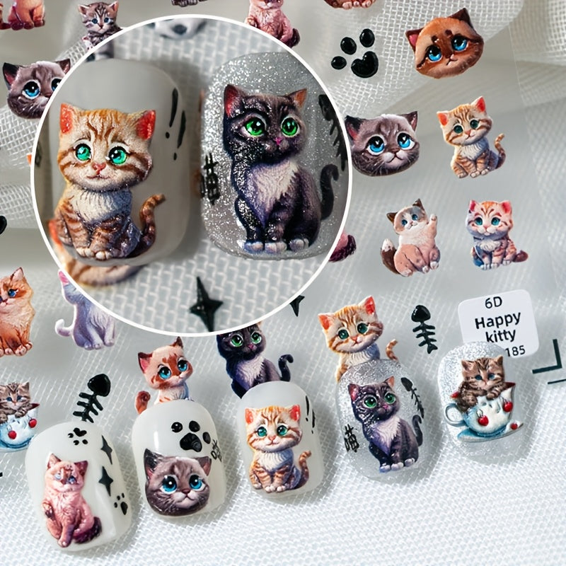 1 set of relief big eyed pet cat nail art stickers, blue cat, big eyed cat head, teacup cat, black cat, cat scratch, fish bone and other nail art materials, suitable for personal DIY use