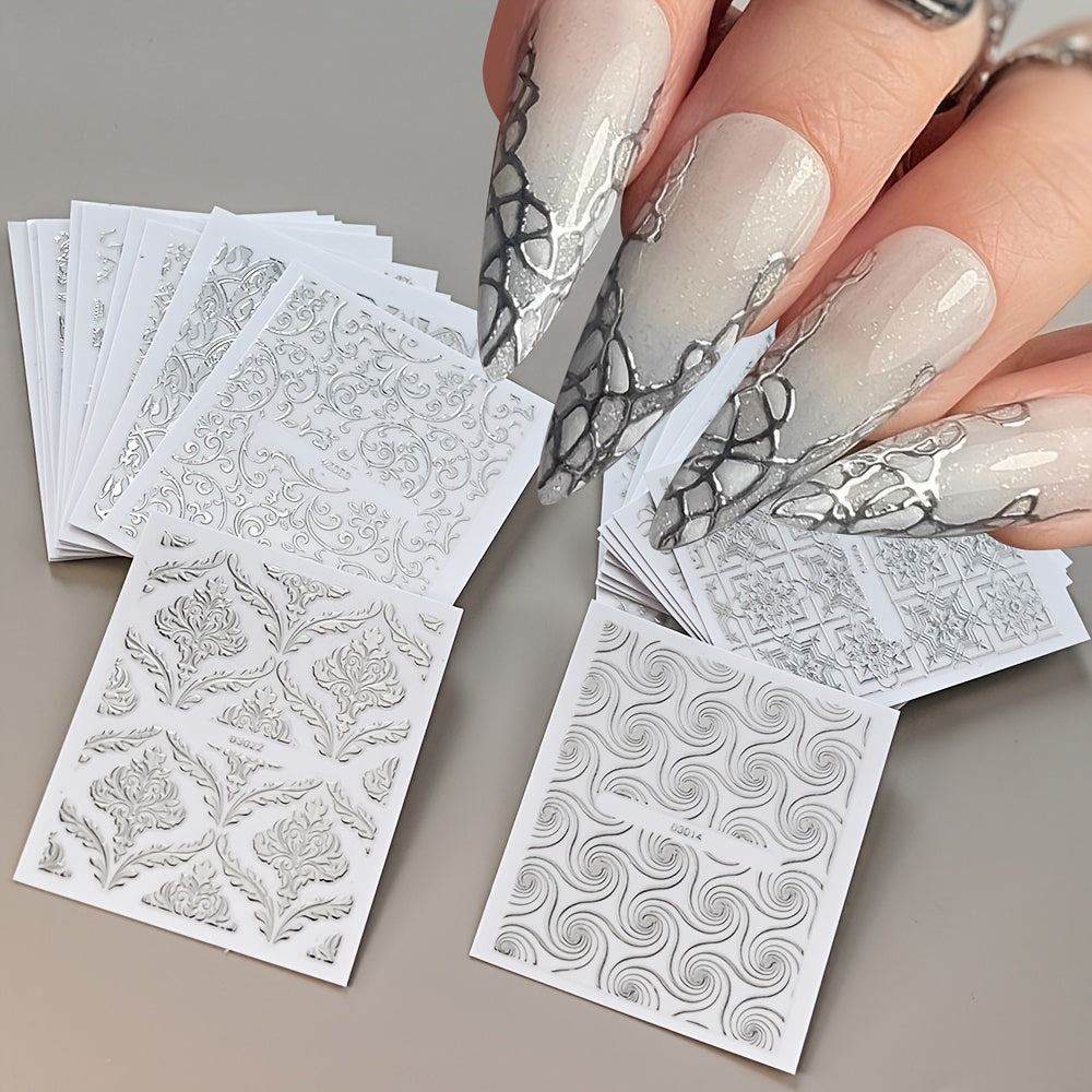 30 Sheets European Style Flower Embossed 3D Nail Art Stickers & Decals, Self-Adhesive Silvery Lace Foral Vine Relief Design Nail Art Stickers, Irregular Geometric Shapes Glitter Embellishment, Spring Flower Nail Art Decorations for Women And Girls