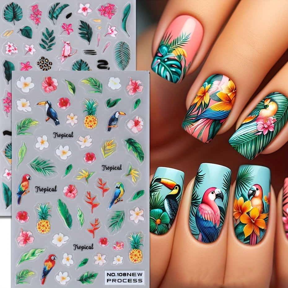 2pcs Tropical Bird and Flower Nail Art Stickers - Parrot, Crow, Blossom, Pineapple Designs with Withered Leaves - Self-Adhesive Plastic Manicure Decals for Summer