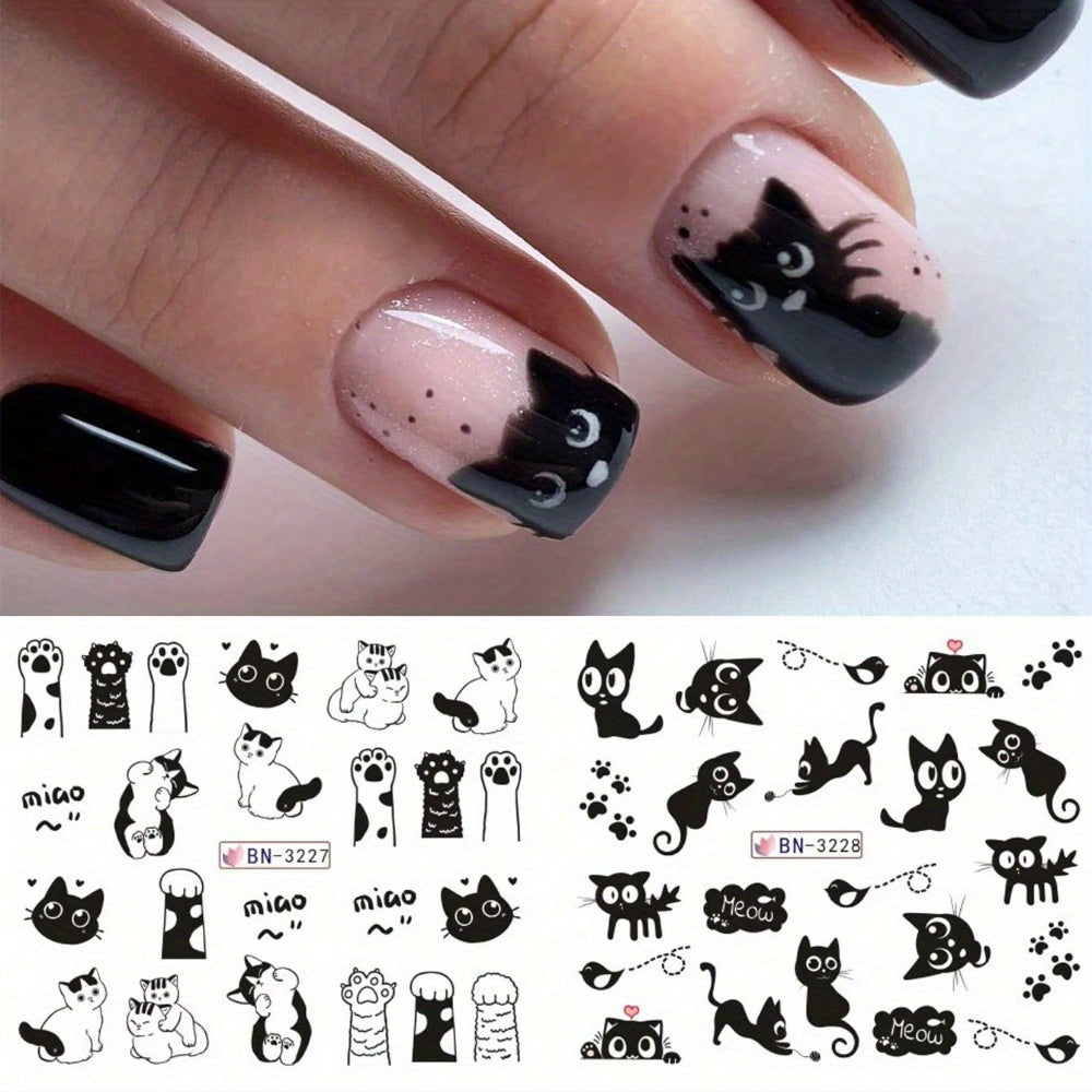 Black Cartoon Animal Pattern, Glossy Surface, Glitter Decoration, Plastic Nail Decoration, Single Use, Cute Cat Nail Stickers and Decals for Plastic Surfaces