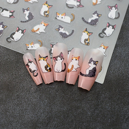 2pcs 5D Embossed Cute Cartoon Cat Nail Art Stickers - Colorful Animal Designs for DIY or Salon, Self-Adhesive Decals for Women's Party Looks & Gifts