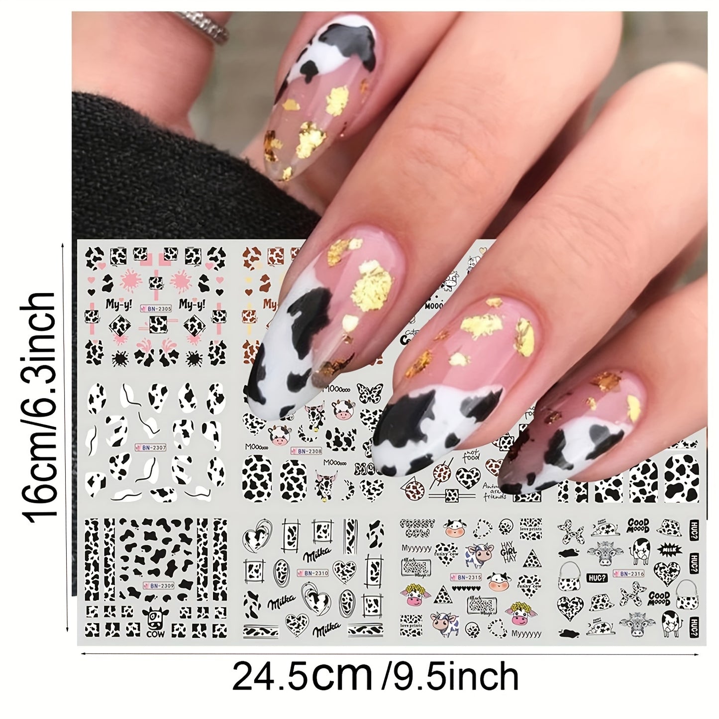 12pcs Adorable Cow Print Nail Art Stickers - Reusable, Sparkle Finish for DIY Manicure & Pedicure Decor