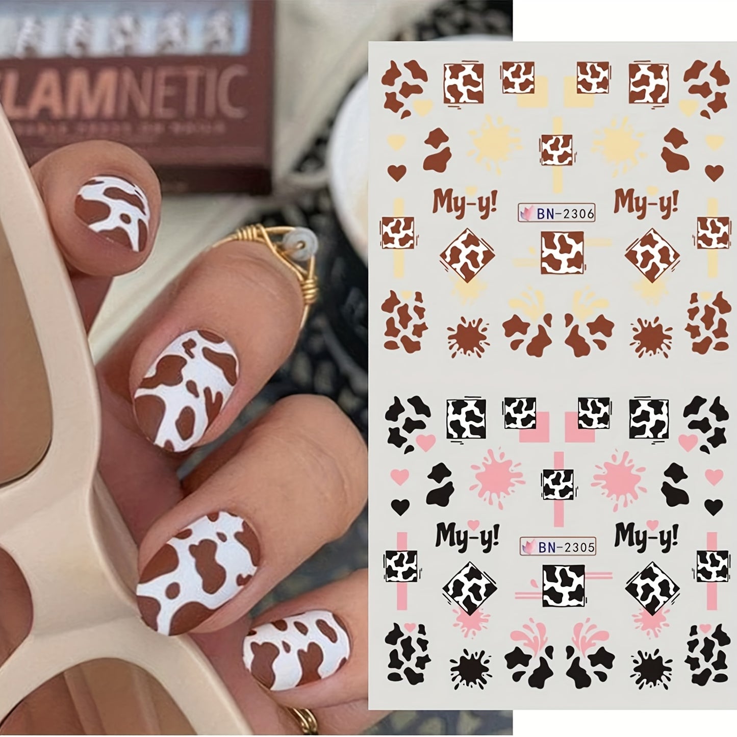 12 Sheets Cow Print Cartoon Nail Stickers Decals - Assorted Animal Patterns, Heart & Leopard Designs - Plastic, Pre-Pasted, Glossy Finish, Embroidered Look - Single Use Nail Art Decorations for Plastic Surfaces