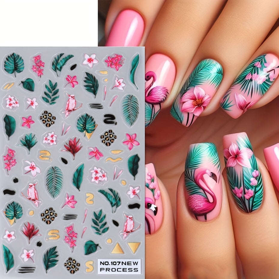 2pcs Tropical Bird and Flower Nail Art Stickers - Parrot, Crow, Blossom, Pineapple Designs with Withered Leaves - Self-Adhesive Plastic Manicure Decals for Summer