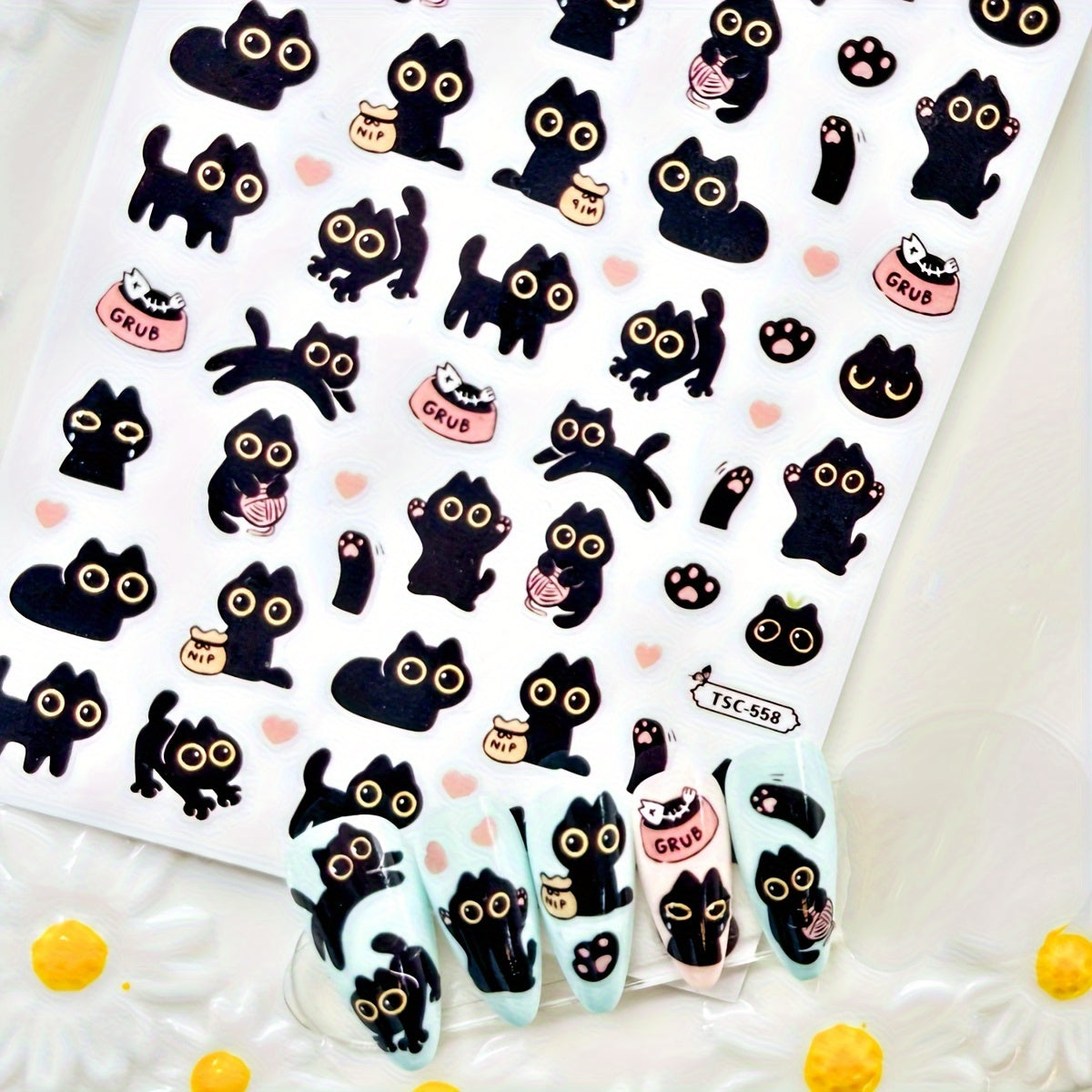 Adorable Cartoon Black Cat Nail Art Stickers Decals Set - Glittery Animal Theme with Irregular Shapes, Pre-Pasted Plastic Nail Embellishments, Shimmery Finish, Single Use - Perfect for DIY Manicure Decor