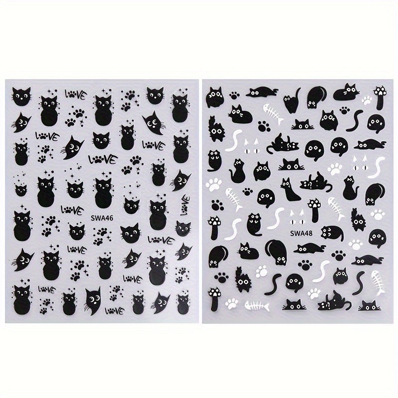 2-Pack Black Cat Nail Art Stickers, Halloween Cartoon Animal Self-Adhesive Decals, DIY Nail Salon Art Decorations, Plastic Unscented Shimmery Finish, Animal Print with Glitter, Single Use for Women