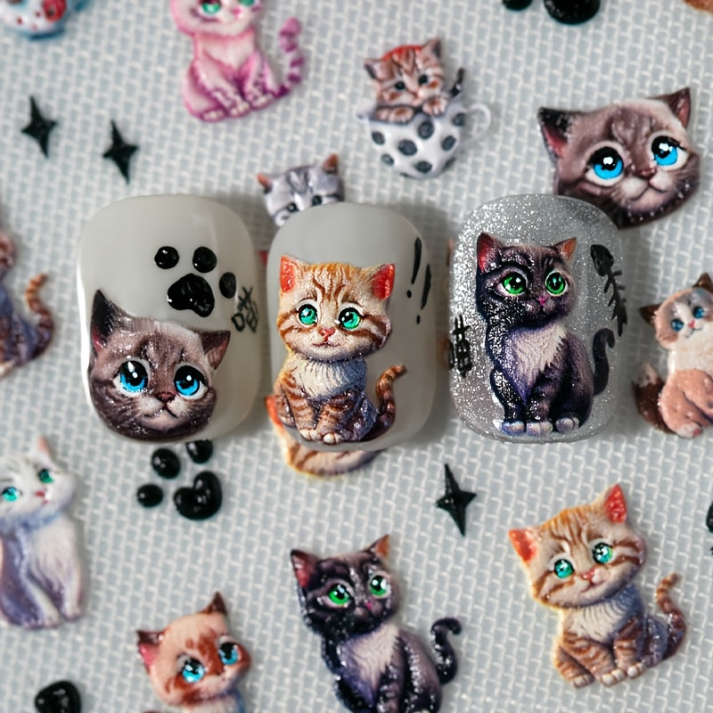 1 set of relief big eyed pet cat nail art stickers, blue cat, big eyed cat head, teacup cat, black cat, cat scratch, fish bone and other nail art materials, suitable for personal DIY use