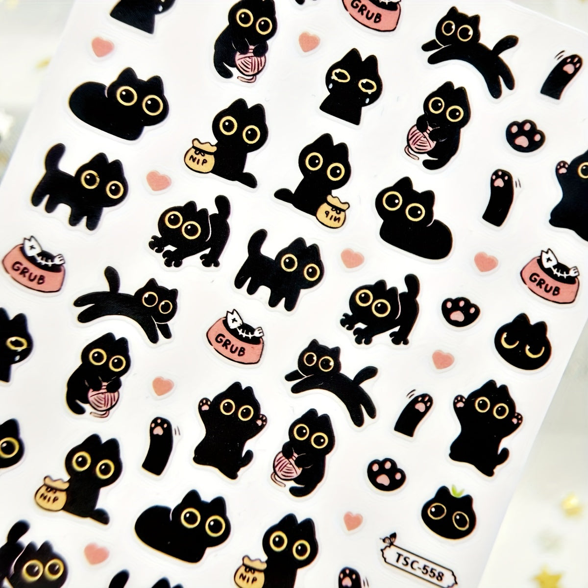 Adorable Cartoon Black Cat Nail Art Stickers Decals Set - Glittery Animal Theme with Irregular Shapes, Pre-Pasted Plastic Nail Embellishments, Shimmery Finish, Single Use - Perfect for DIY Manicure Decor